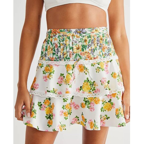 RARE NWT FOR LOVE AND LEMONS ROSALYN TIERRED MINI SKIRT IN MARIGOLD PRT SIZE XL - Picture 2 of 9